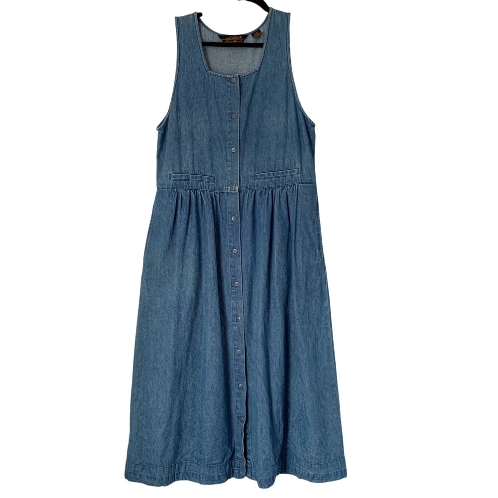 Vintage Eddie Bauer Denim Dress S Blue Button Front Jumper Midiโ Cottagecore 90s